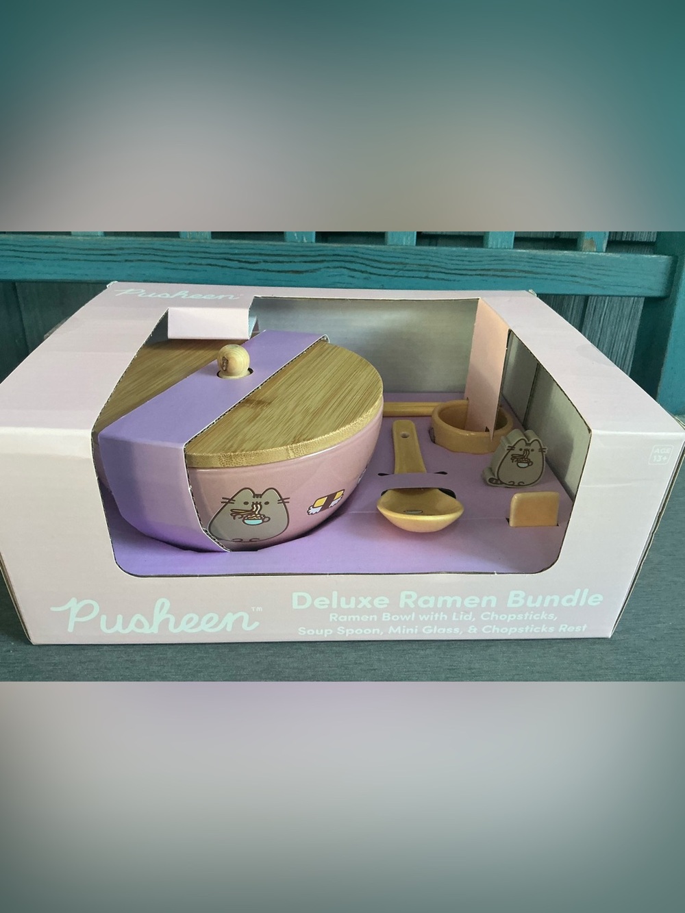 Pusheen Pink Ceramic Ramen Bowl Set with Bamboo Lid and Spoon